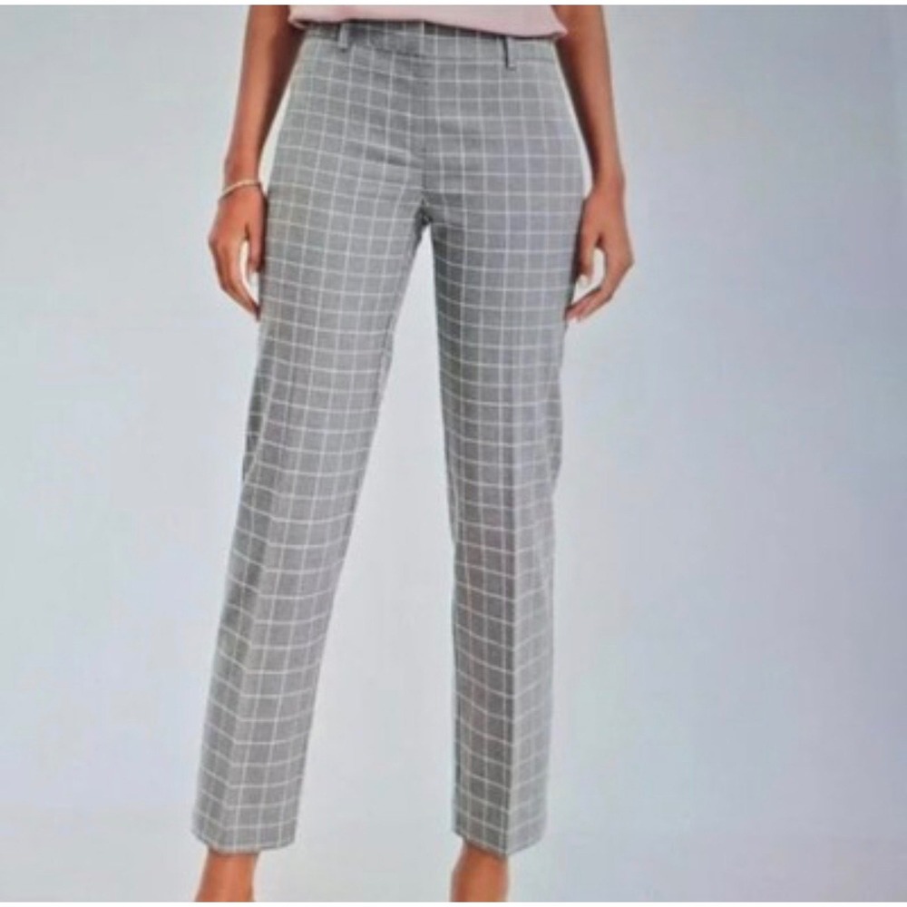LOFT Grey Windowpane Plaid Straight Leg Trousers Dress Pants Womens Mid Rise 10